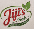 A logo-style graphic reading 'Jiji's Foods' with green leaf graphics and the words 'PURE • CLEAN • NUTRITIOUS' on a textured off-white background.